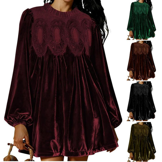 🎉LAST DAY SALE -70% OFF👗Womens A-Line Velvet Lace Overall Pleated Babydoll Mini Dress